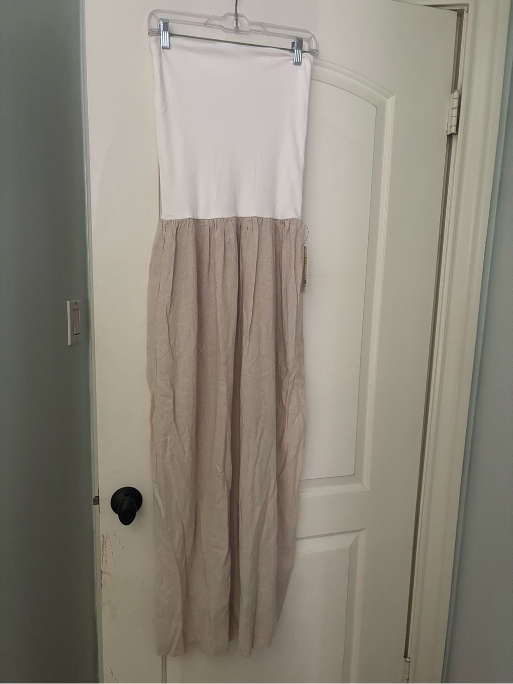 American Threads Strapless Maxi Dress in White and Light Taupe